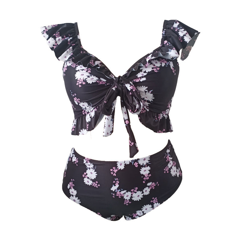 LF (L-4XL) 2026 swimsuit women's split shoulder hanging large size printing