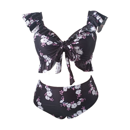 LF (L-4XL) 2026 swimsuit women's split shoulder hanging large size printing