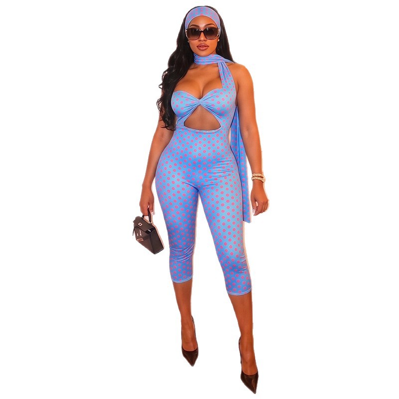 DZHT J26JP122 polka dot print halter ribbon backless tight cropped jumpsuit