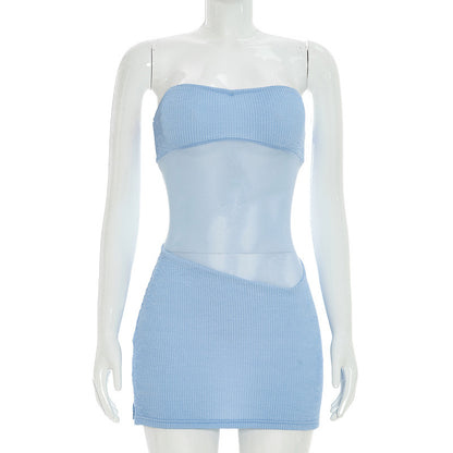 DZHT D26DS211 mesh tube top see-through skinny sheath short dress