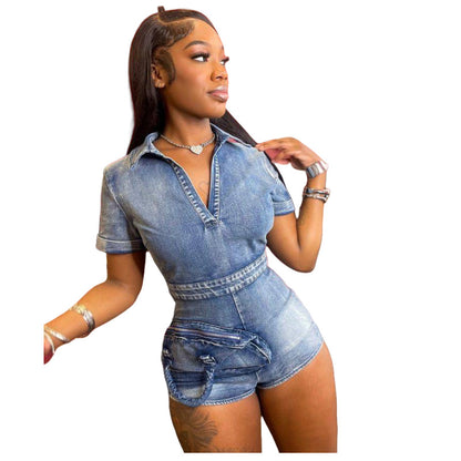 MZ (S-2XL) MZ88626 washed stretch 3D pocket jumpsuit