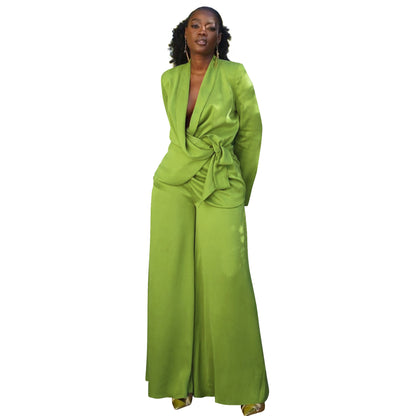 MYF (S-2XL) 10902 autumn and winter suit collar lace-up tup cardigan wide leg pants suit