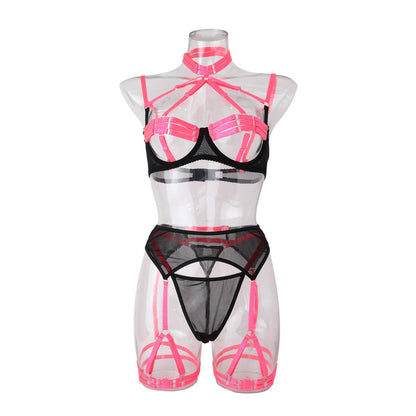 Mesh underwear sexy lingerie comfortable contrast color bra panties Garter sets