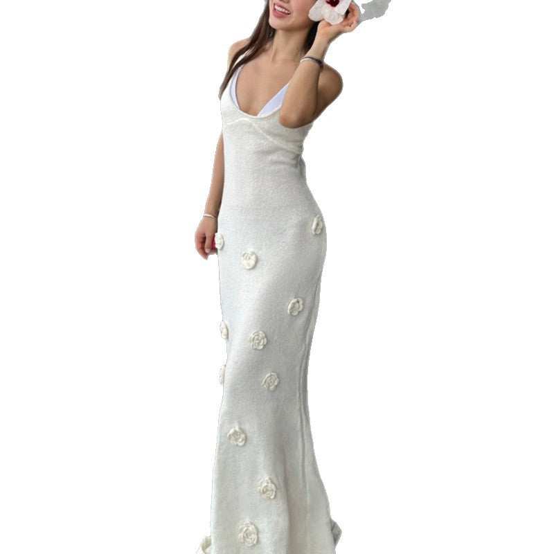CYB French style knitted suspender dress V-neck hip three-dimensional flower beach dress blouse