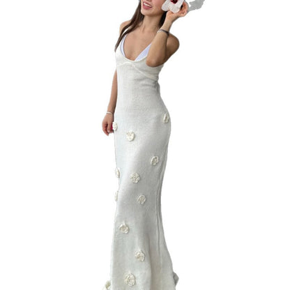 CYB French style knitted suspender dress V-neck hip three-dimensional flower beach dress blouse