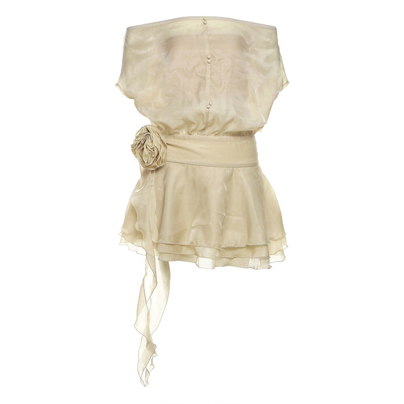 SXR autumn net yarn flowers fitted waist backless off-the-shoulder jumpsuit short skirt