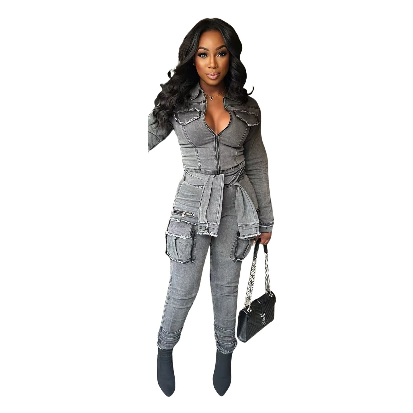 MZ (S-2XL) Denim lace-up MZ88601 women's stretch slim belt jumpsuit