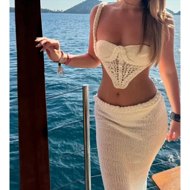 CYB spaghetti straps midriff-baring knitted top hip skirt beach skirt blouse suit