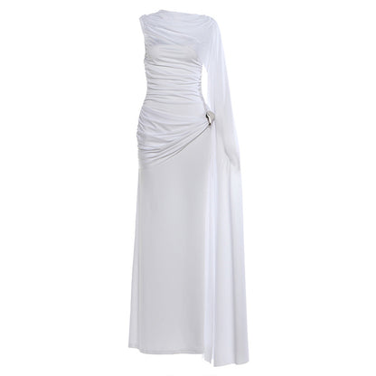 SXR autumn and winter waist-tight ribbon pleated solid color maxi dress