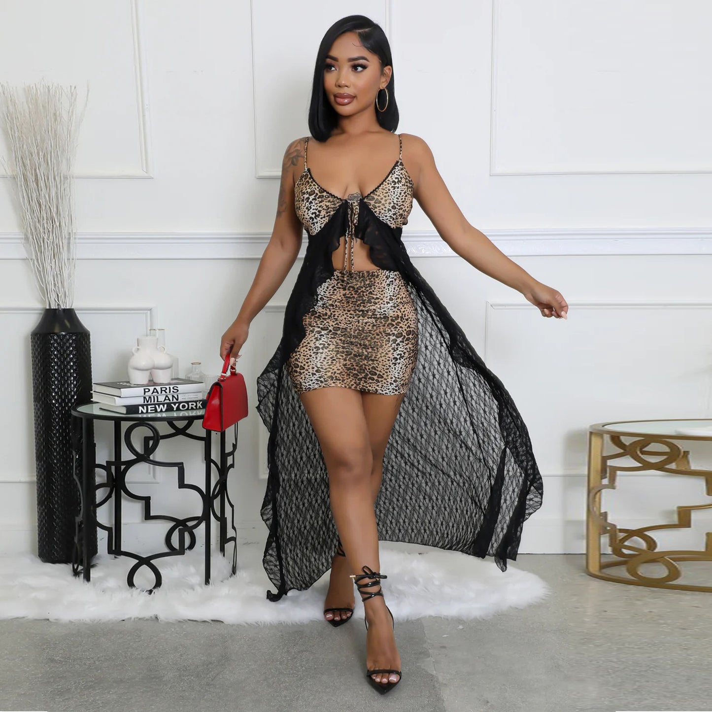 MYF (S-2XL) Sling lace leopard print skirt suit