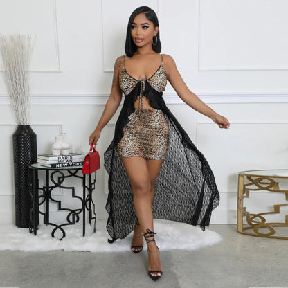 MYF (S-2XL) Sling lace leopard print skirt suit