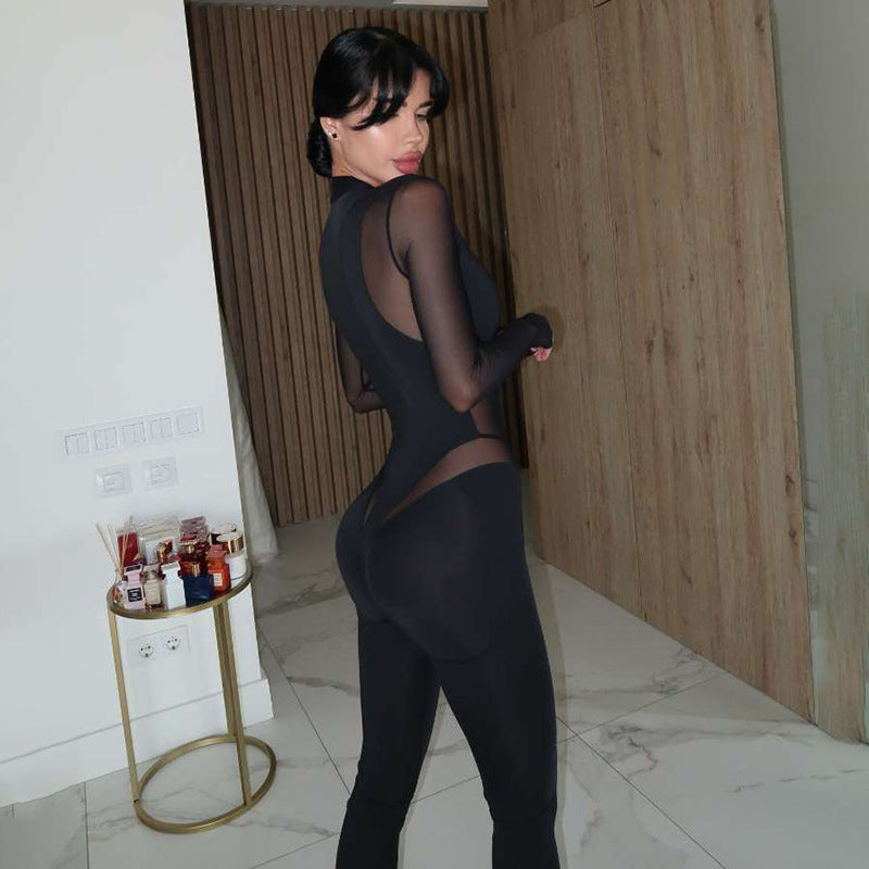 SXR autumn sheer mesh zipper solid color long sleeve tight jumpsuit