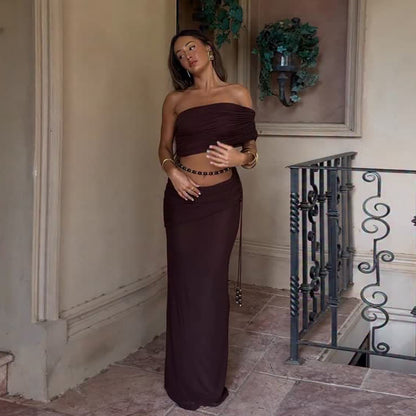 SXR 2026 spring pleated cropped tank top low waist hip-wrapped skirt suit