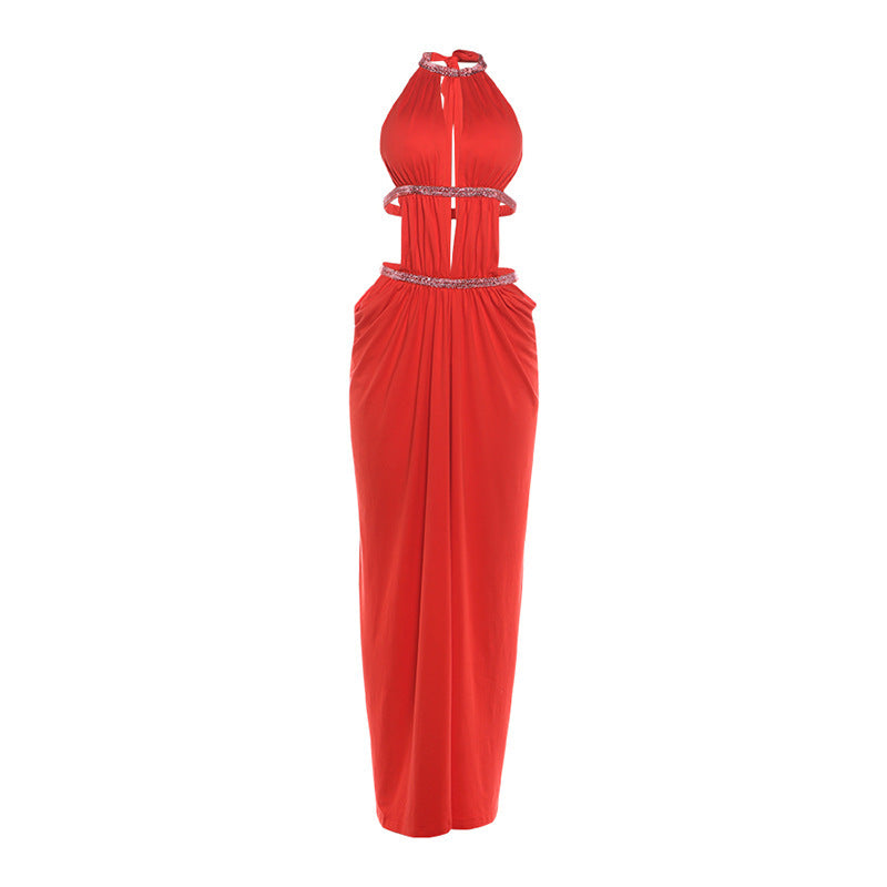 SXR K6D05619A spring sexy backless waist trimming long dress lace-up halterneck dress