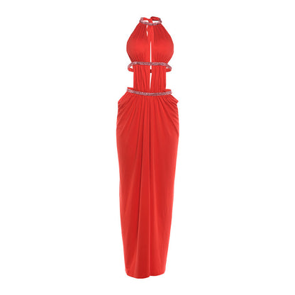 SXR K6D05619A spring sexy backless waist trimming long dress lace-up halterneck dress