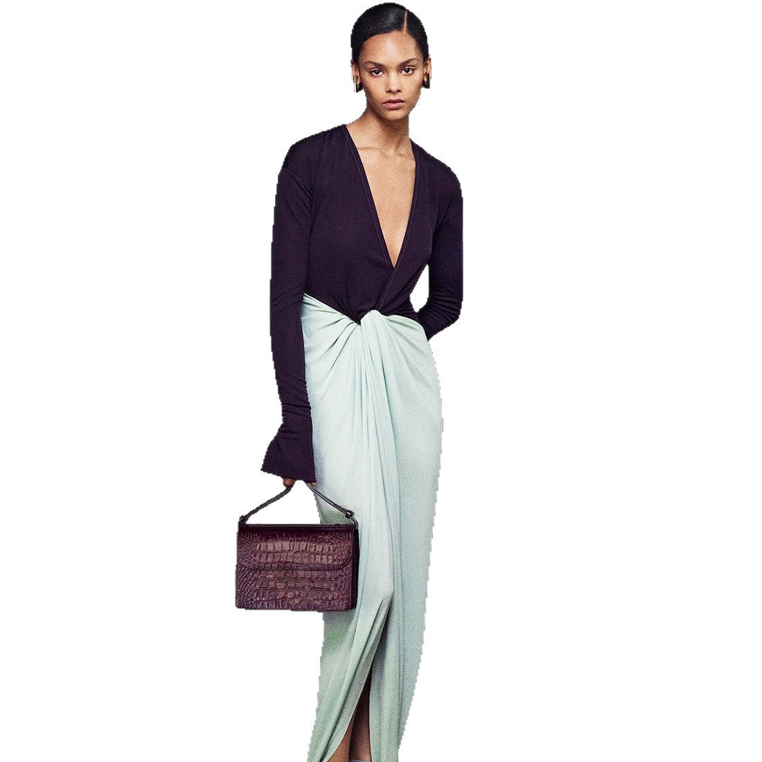 SXR fall winter fashion deep v-neck long sleeve split long dress