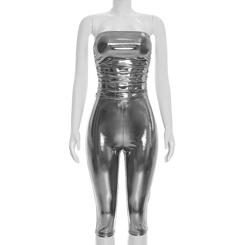 DZHT J26ST113 Spring/Summer Bronzing tube top tight cropped pants two-piece suit