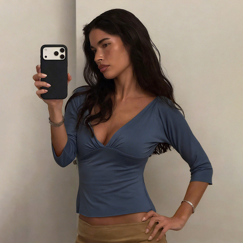 DLS summer sexy deep V-neck backless half sleeve T-shirt solid color cinched slimming pullover