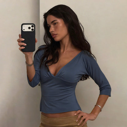 DLS summer sexy deep V-neck backless half sleeve T-shirt solid color cinched slimming pullover
