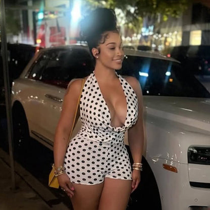 DZHT D26RP106 summer polka dot printed halter swing collar bare back one-piece shorts