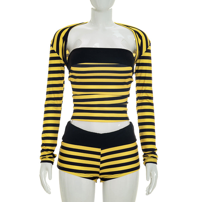 DZHT J26ST262 striped slim fit midriff-baring hot girl long sleeve shorts three-piece suit