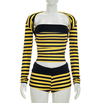 DZHT J26ST262 striped slim fit midriff-baring hot girl long sleeve shorts three-piece suit