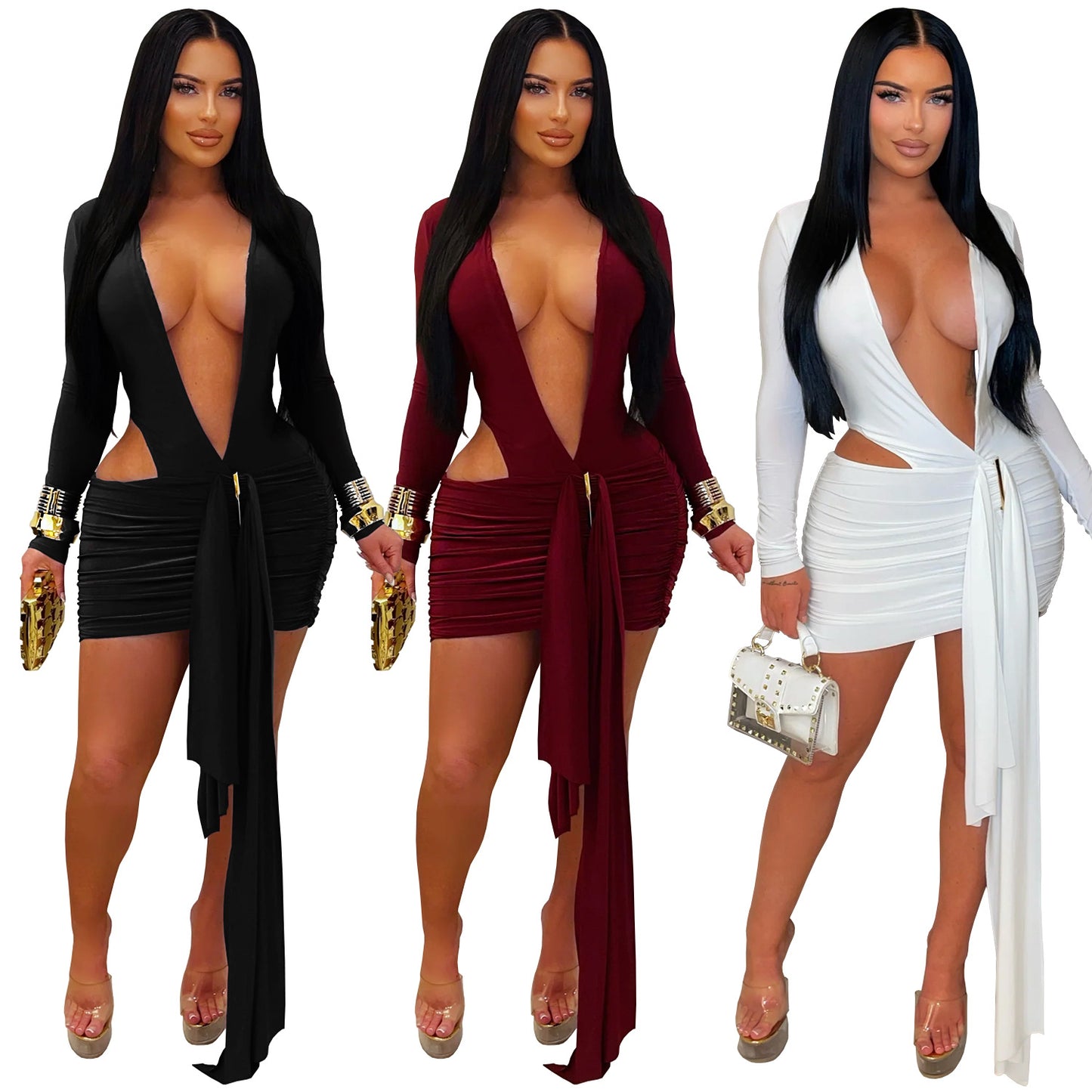 XYZ C7607 deep V ribbon dress skirt