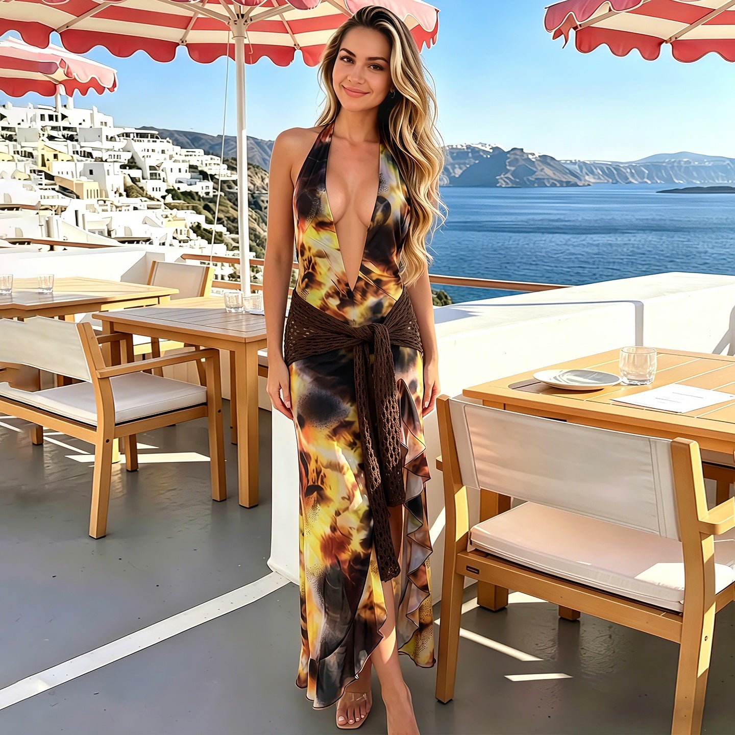 SXR K6D04212A spring and summer sexy backless deep V slit printed dress
