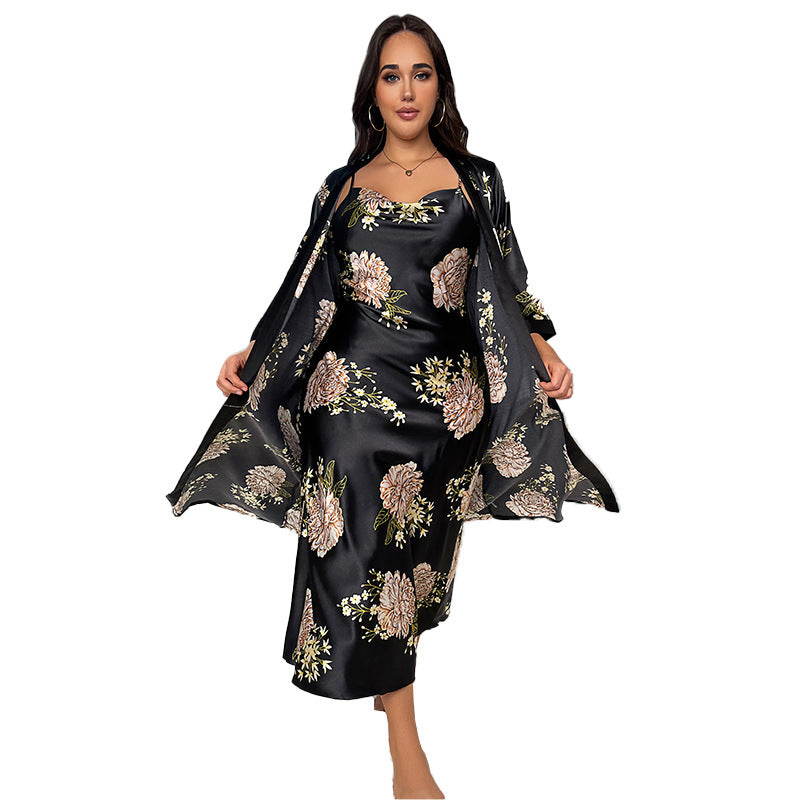 DNL plus size long artificial silk night skirt suit loose printed pajamas
