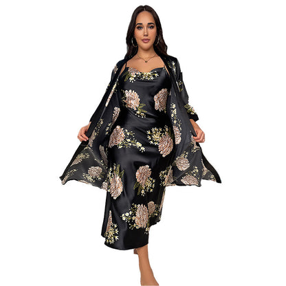 DNL plus size long artificial silk night skirt suit loose printed pajamas