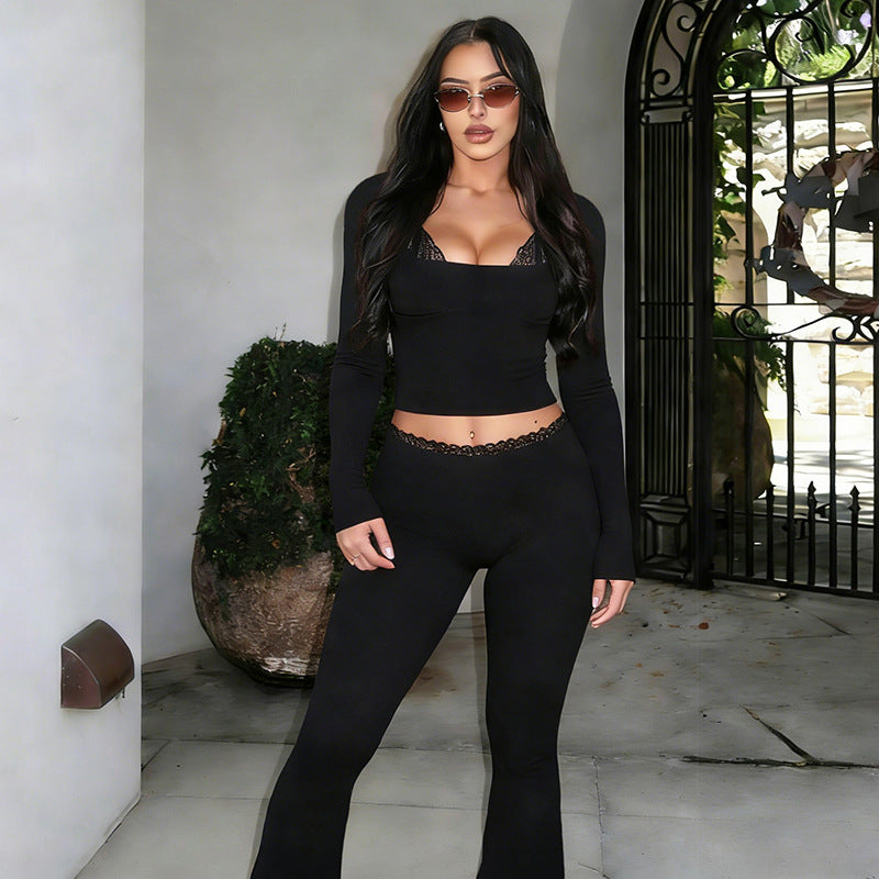SXR spring slim-fitting sexy midriff-baring top lace trim bootcut pants suit