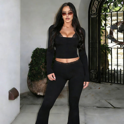 SXR spring slim-fitting sexy midriff-baring top lace trim bootcut pants suit