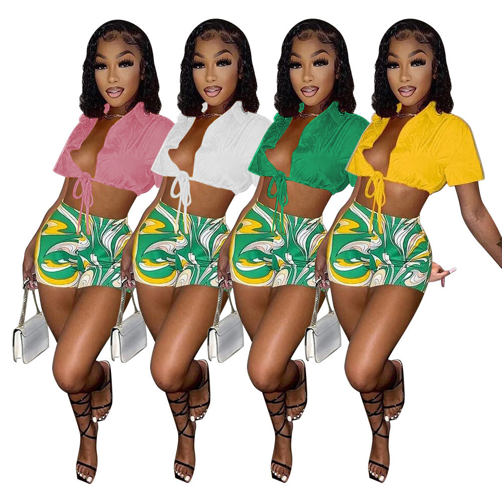MZ (S-2XL) F88443 shirt lace-up shorts printed sports suit