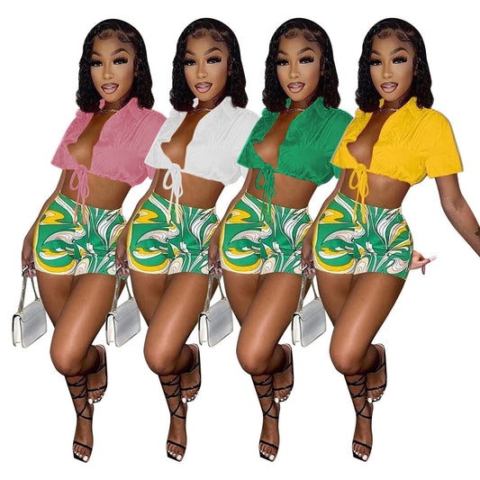 MZ (S-2XL) F88443 shirt lace-up shorts printed sports suit
