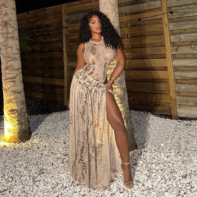 DZHT J26ST091 fashion printed jumpsuit half-length slit dress suit
