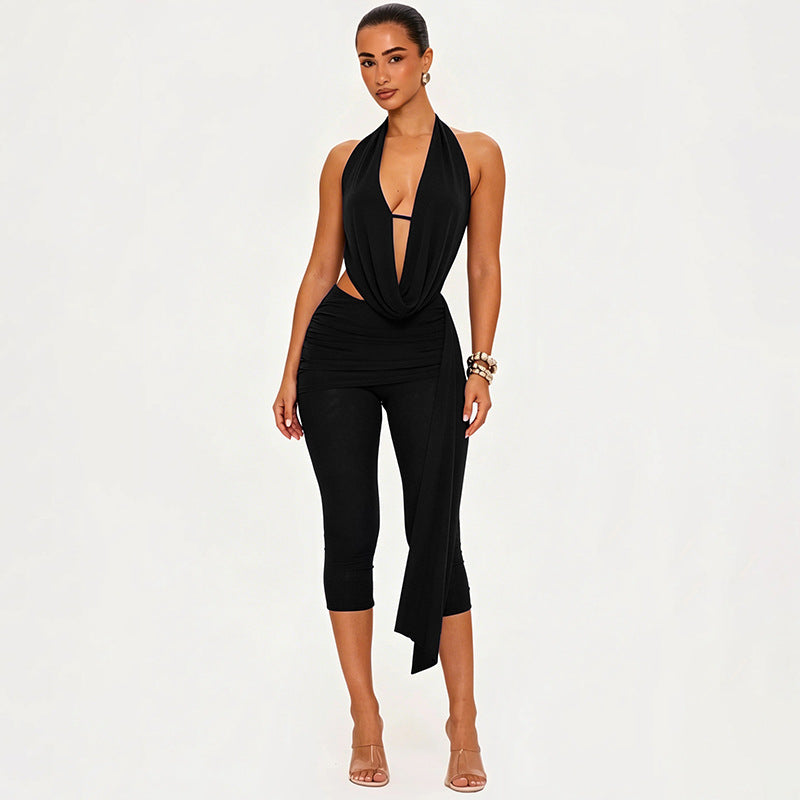 DZHT C26ST231 halter swing collar slim sleeveless backless solid color cropped pants suit