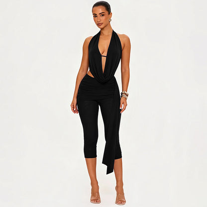 DZHT C26ST231 halter swing collar slim sleeveless backless solid color cropped pants suit