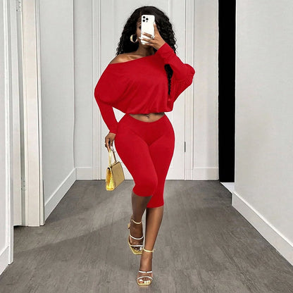 DZHT Q26ST123 simple shoulder loose top high waist cropped pants suit