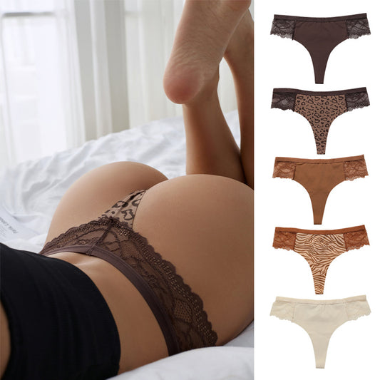 T-shaped panties lace stitching leopard print seamless sport quick-drying cotton crotch T-back