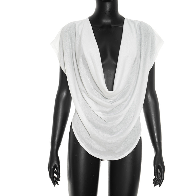 DZHT J26TP303 solid color deep V-neck slim fit sleeveless short top T-shirt