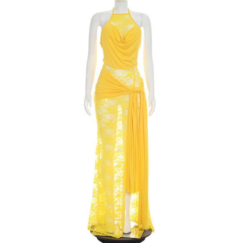 DZHT D26DS201 solid color lace stitching halter swing collar slit ribbon dress long skirt