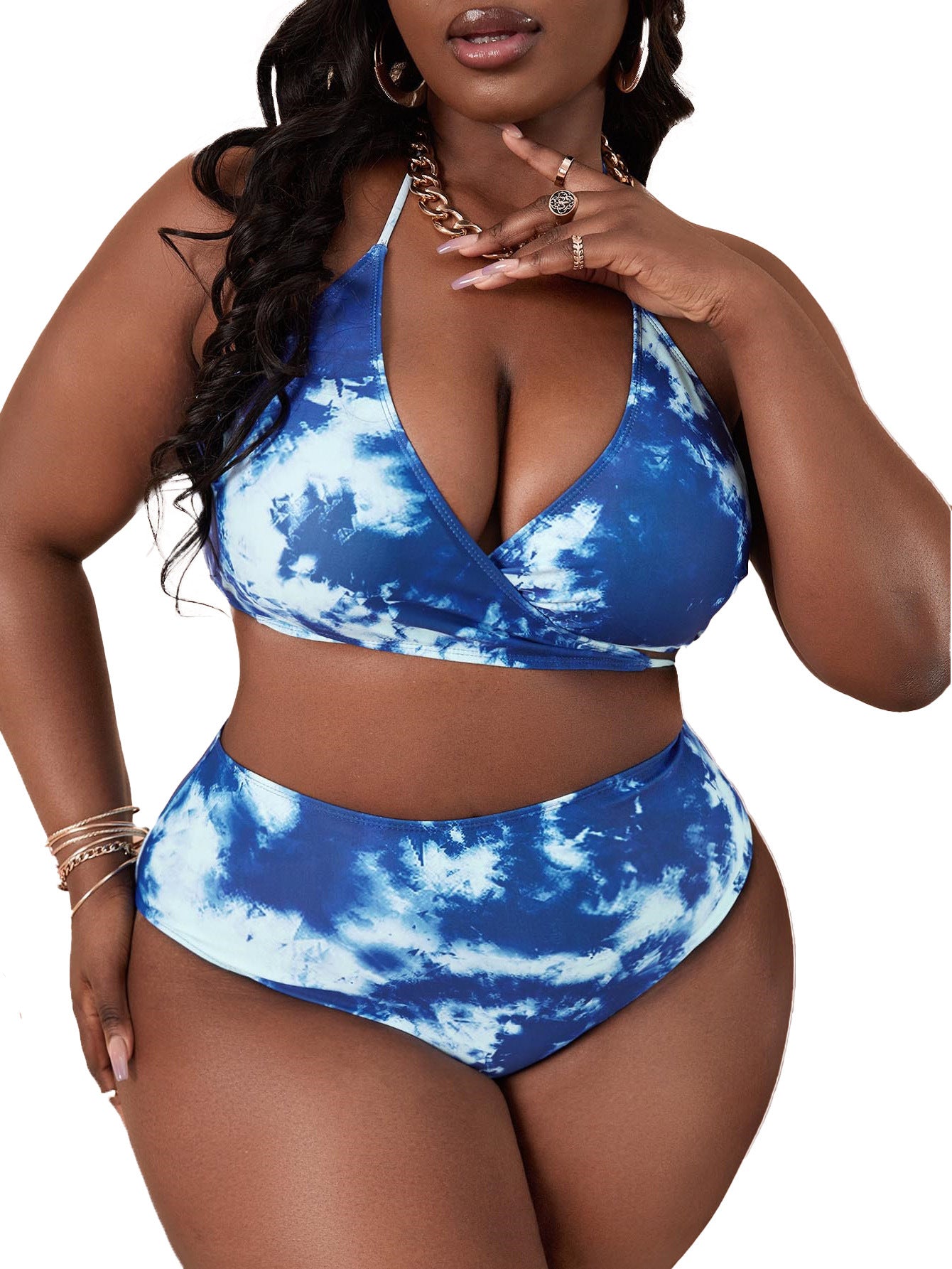 LF (L-4XL) women's split color printing swimsuit plus size