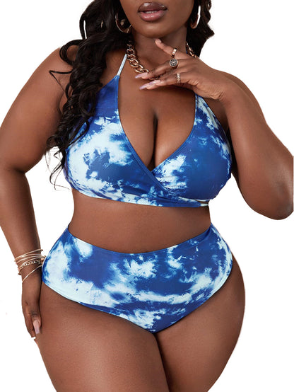 LF (L-4XL) women's split color printing swimsuit plus size