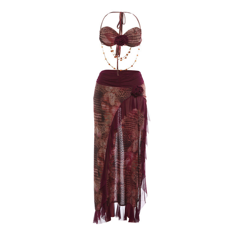SXR 2026 spring flower bead necklace sexy halter chest wrap irregular long dress suit