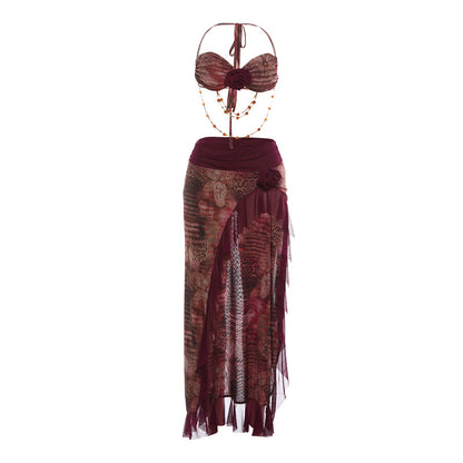 SXR 2026 spring flower bead necklace sexy halter chest wrap irregular long dress suit