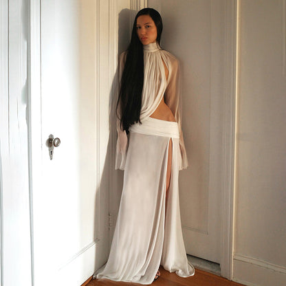 SXR winter see-through turtleneck bell sleeve top split dress suit