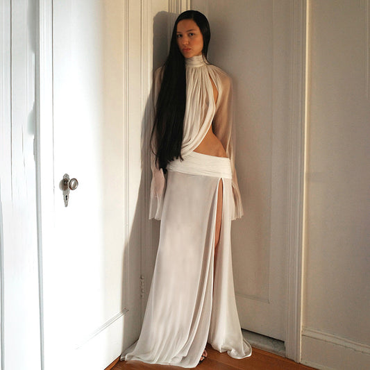 SXR winter see-through turtleneck bell sleeve top split dress suit