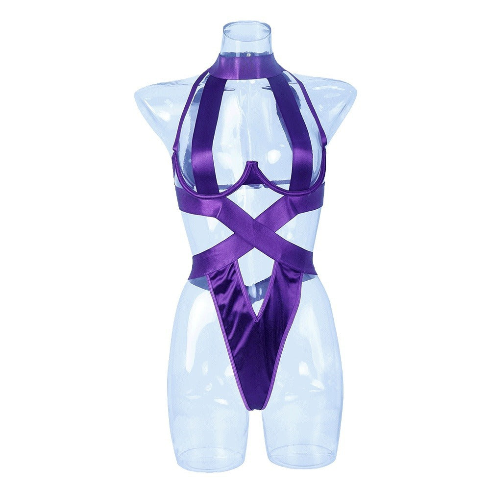 Purple women's rope hollow-out halter jumpsuit sexy