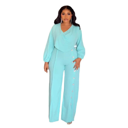 GY (S-3XL) S10967 lantern sleeve waist-tight decorative buttons wide-leg jumpsuit