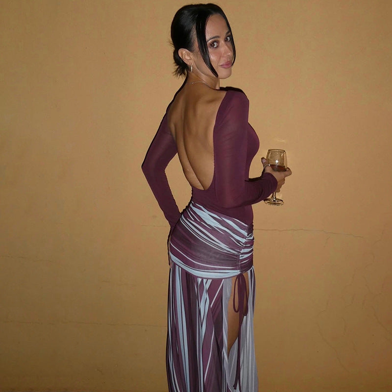 SXR K6D11771A summer backless slit striped long sleeve dress